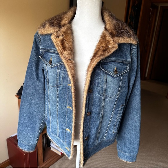 Vintage Marvin Richards Blue Denim Jean Jacket Faux Fur Lined Sz Medium 90s Y2K - Picture 2 of 9